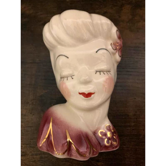 1950's Pin-up Lady WALL Pocket Planter - Red Lips Glam Girl Head Vase - Picture 2 of 6